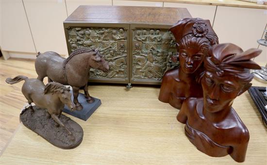 Heredities cold cast bronzes (two horses), oak cabinet, width 41cm with cold cast bronze doors and pair of Balinese carved wood busts,